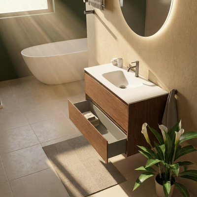 Saniclass Holz Pure Ensemble de meubles de salle de bains - 100x45x61.5cm - Vasque Flow en Solid Surface blanc - 1 vasque - 1 trou de robinetterie - 2 tiroirs - walnut pure mat (bois)