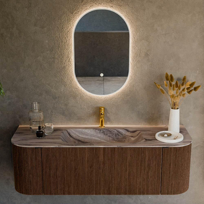 MONDIAZ KURVE-DLUX 140cm badmeubel ronding Links + Rechts kleur Walnut met 1 lade en 2 deuren. Wastafel BIG SMALL Midden 1 kraangat Sombra.