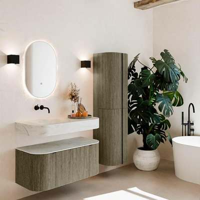 MONDIAZ THOR-DLUX 100cm meuble de salle de bains arrondi gauche + droite couleur Shadow avec 1 tiroir et 2 portes. Vasque suspendue CLOUD Gauche sans trou de robinet couleur Opalo.