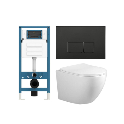 Adema Salina 2.0 Toiletset - 48.5x36x32cm - diepspoel - spoelrandloos - QeramiQ inbouwreservoir - softclose - quickrelease - toiletzitting - mat zwarte metalen bedieningsplaat - rechthoekige knoppen - wit