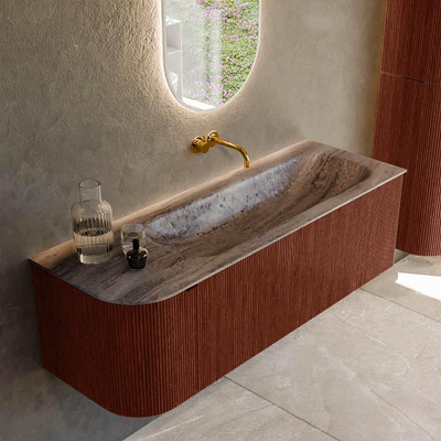 MONDIAZ KURVE-DLUX 135cm badmeubel ronding Links kleur Ruby met 1 lade en 1 deur. Wastafel BIG MEDIUM Rechts zonder kraangat Oza.