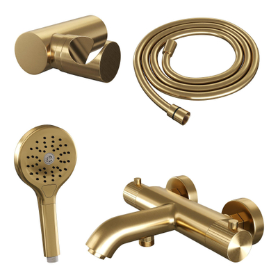 BRAUER Stripe Ensemble robinet thermostatique de bain-douche SET 04 - apparent - support mural - douchette à main 3 jets - flexible de douche - or brossé PVD