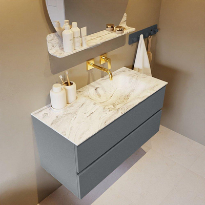 MONDIAZ VICA-DLUX Ensemble meuble de salle de bains - 100cm - meuble bas plata - 2 tiroirs - lavabo encastré cloud à droite - sans trous de robinet - version haute 60cm - glace