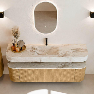 MONDIAZ THOR-DLUX 170cm meuble de salle de bains arrondi gauche + droite couleur Oak avec 1 tiroir et 2 portes. Vasque suspendue CLOUD Milieu 1 trou de robinet couleur Frappe.