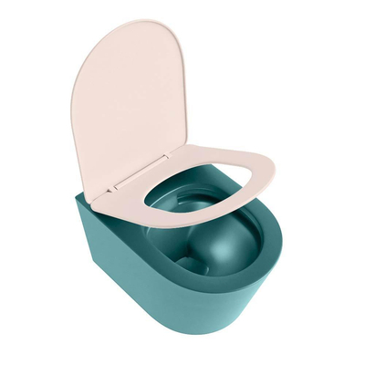 Mondiaz LAVIE hangtoilet – spoelrandloos – 36 x 53 cm – met softclose zitting – Smag (groen), zitting Rosee (roze)