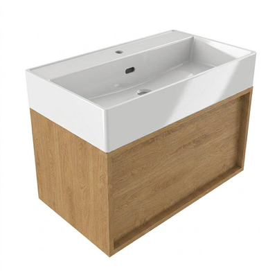 Saniclass Holz Frame Ensemble de meubles de salle de bains - 80x45x52cm - Legend lavabo en céramique blanc - 1 vasque - 1 trou de robinetterie - 1 tiroir - chêne natural mat (bois)