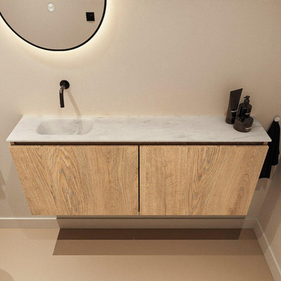MONDIAZ TURE-DLUX Meuble de WC 120 cm Washed Oak. Lavabo EDEN Opalo position gauche. Sans trou de robinet.