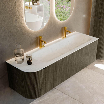 Mondiaz KURVE-DLUX Ensemble de meuble de salle de bains - 145x46x40cm - 1 tiroir - 1 porte - lavabo solid surface - droit - 2 trous de robinet - Shadow