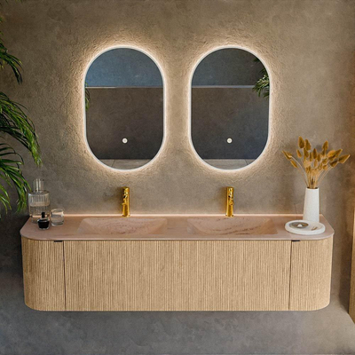 MONDIAZ KURVE-DLUX 170cm meuble de salle de bains arrondi Gauche + Droite couleur Chêne avec 1 tiroir et 2 portes. Lavabo LEAF Double 2 trous de robinet Saba.