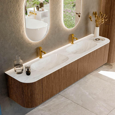 MONDIAZ KURVE-DLUX 200cm Meuble salle de bain avec module 25 G et D - couleur Walnut - 2 tiroirs - 2 portes - vasque STOR SMALL double - 2 trous de robinet - couleur Ostra