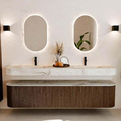 MONDIAZ THOR-DLUX 200cm meuble de salle de bains arrondi gauche + droite couleur Walnut avec 2 tiroirs et 2 portes. Vasque suspendue CLOUD Double 2 trous de robinet couleur Frappe.