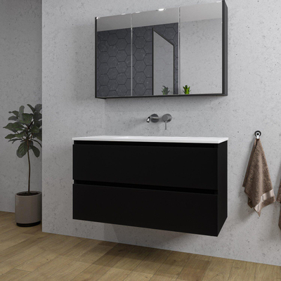 Saniclass Chaci Ensemble meuble de salle de bains - 100x46x55cm - vasque en céramique blanche - 1 vasque - sans trous de robinet - 2 tiroirs - armoire de toilette - noir mat