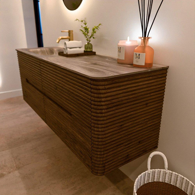 Mondiaz CIRO-DLUX Badkamermeubelset - 140x45x50cm - Solid surface wastafel Sombra - 1 wasbak Links - 1 kraangat - 4 lades - Dusk