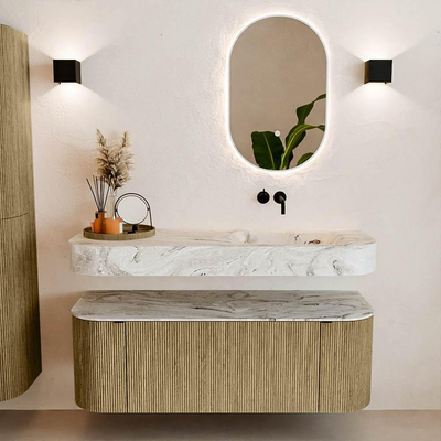 MONDIAZ THOR-DLUX 130cm meuble de salle de bains arrondi gauche + droite couleur Dusk avec 1 tiroir et 2 portes. Vasque suspendue CLOUD droite sans trou de robinet couleur Glace.