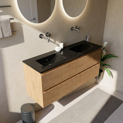 Saniclass Holz Atelier Ensemble de meubles de salle de bains - 140x45x62cm - lavabo Vygo en céramique noir - 2 vasques - sans trous de robinetterie - 4 tiroirs - chêne naturel mat (bois)