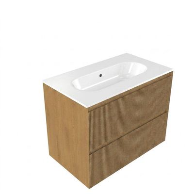 Saniclass Holz Atelier Ensemble de meuble de salle de bains - 80x45x73,9cm - Chaci lavabo en céramique blanc - 1 vasque - sans trou de robinetterie - 2 tiroirs - chêne natural mat (bois)