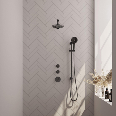 Brauer Gunmetal Edition Douche pluie thermostatique avec pommeau 20cm et bras mural 40cm et douchette Rond 3 jet flexible lisse avec coude mural Gunmetal brossé PVD