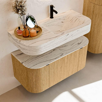 MONDIAZ THOR-DLUX 100cm badmeubel ronding links + rechts kleur Oak met 1 lade en 2 deuren. Vrijhangende wastafel CLOUD Rechts 1 kraangat kleur Nata.
