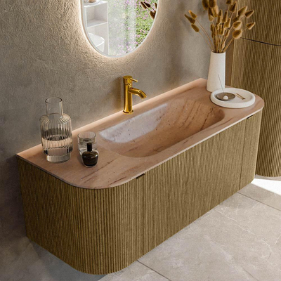 MONDIAZ KURVE-DLUX Meuble de salle de bains 120cm arrondi Gauche + Droite couleur Dusk avec 1 tiroir et 2 portes. Lavabo BIG SMALL Central 1 trou de robinet Saba.