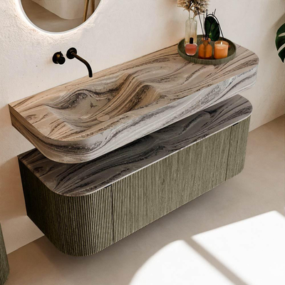 MONDIAZ THOR-DLUX Meuble de salle de bains 130cm arrondi gauche + droite couleur Shadow avec 1 tiroir et 2 portes. Vasque suspendue CLOUD Gauche sans trou de robinet couleur Sombra.