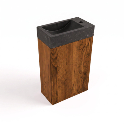 Saniclass Holz Pure Ensemble de meuble WC - 40x60.5cm - 1 porte - lavabo en pierre naturelle foncée - trou de robinet à droite - walnut pure