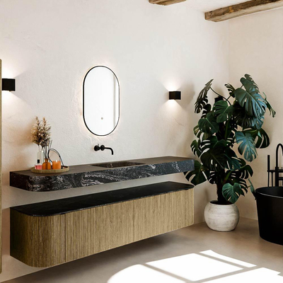 MONDIAZ THOR-DLUX 200cm meuble de salle de bains arrondi gauche + droite couleur Dusk avec 2 tiroirs et 2 portes. Vasque suspendue CLOUD Milieu sans trou de robinet couleur Lava.