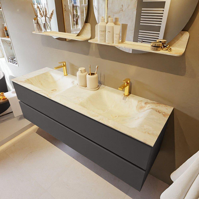 MONDIAZ VICA-DLUX Ensemble meuble de salle de bains - 150cm - meuble bas dark grey - 2 tiroirs - lavabo encastré cloud double - 2 trous de robinet - version haute 60cm - frape