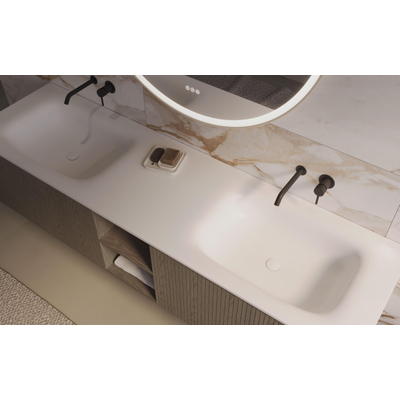 Thebalux Linea Ensemble de meubles de salle de bains - 200x55x46cm - 1 tiroir - sans poignée - Façade cannelée verticale - lavabo Corian - double - sans trou de robinet - Placage Natural