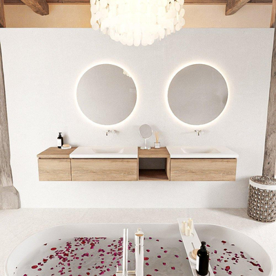 MONDIAZ BUKLA 240cm ensemble de meuble avec module ouvert 40 à droite couleur Chêne blanchi avec 3 tiroirs. Lavabo CLOUD double 0 trou de robinet couleur Talc.