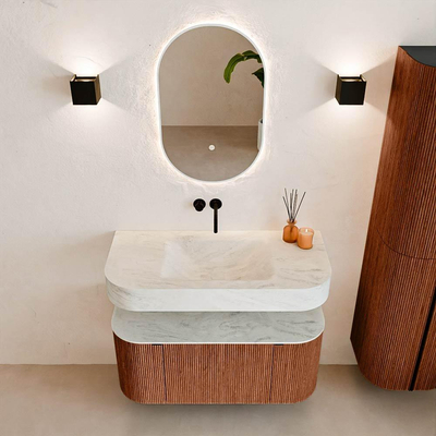 MONDIAZ THOR-DLUX 100cm meuble de salle de bains arrondi gauche + droite couleur Ruby avec 1 tiroir et 2 portes. Vasque suspendue CLOUD Milieu sans trou de robinet couleur Opalo.