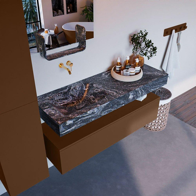 Mondiaz ALAN-DLUX Ensemble de meuble - 130cm - meuble Rust mat - 1 tiroir - Lavabo Cloud Lava suspendu - vasque Gauche - 0 trous de robinet