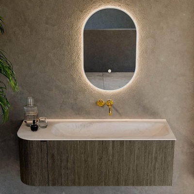 MONDIAZ KURVE-DLUX 125cm badmeubel ronding Links kleur Shadow met 1 lade en 1 deur. Wastafel BIG MEDIUM Rechts zonder kraangat Meli.