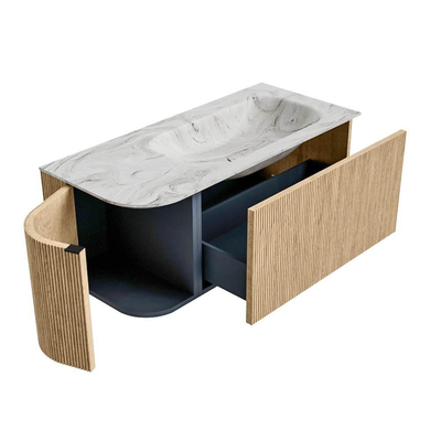 MONDIAZ KURVE-DLUX Meuble de salle de bains 105 cm avec module 25 L couleur Oak avec 1 tiroir et 1 porte. Plan-vasque BIG SMALL à droite sans trou de robinet couleur Glace.