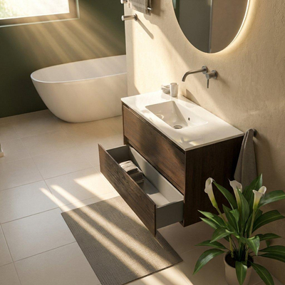 Saniclass Holz Pure Ensemble de meubles de salle de bains - 100x45x62cm - Lavabo en céramique Vygo blanc - 1 vasque - sans trou de robinet - 2 tiroirs - chêne charcoal mat (bois)