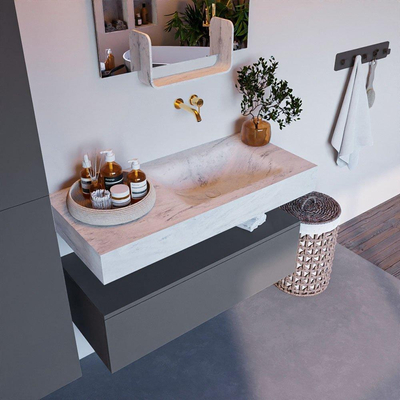 Mondiaz ALAN-DLUX Ensemble de meuble - 100cm - meuble Plata mat - 1 tiroir - Lavabo Cloud Opalo suspendu - vasque Droite - 0 trous de robinet