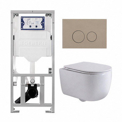 QeramiQ Dely Swirl Toiletset - 36.3x51.7cm - Geberit UP320 inbouwreservoir - met Burda frame - slim zitting - bedieningsplaat taupe - ronde knoppen - mat wit