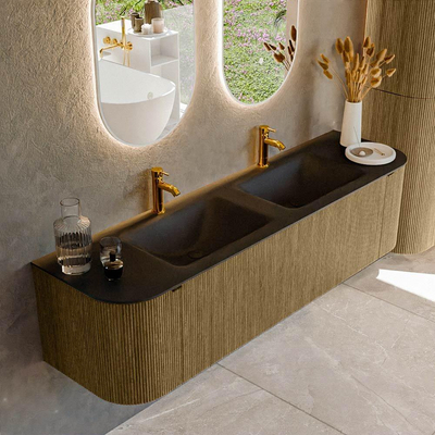 Mondiaz KURVE Badkamermeubelset - 170x46x40cm - 1 lade - 2 deuren - wastafel solid surface - dubbel - 2 kraangaten - Dusk