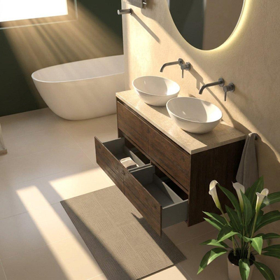 Saniclass Holz Pure Ensemble de meubles de salle de bains - 120x45x63cm - plan de toilette en pierre naturelle travertin - sans trou de robinet - 4 tiroirs - chêne charcoal mat (bois)