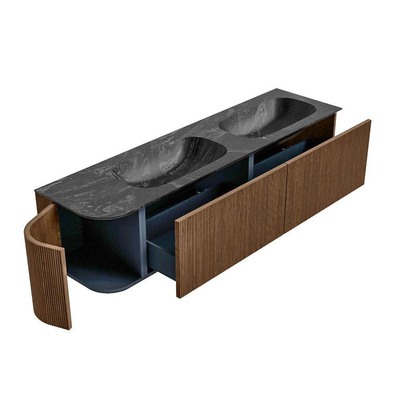 MONDIAZ KURVE-DLUX 175cm Meuble salle de bain avec module 25 G - couleur Walnut - 2 tiroirs - 1 porte - vasque STOR SMALL double / droite - 2 trous de robinet - couleur Lava