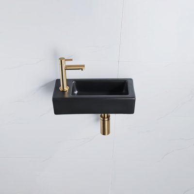 QeramiQ Fuente fonteinset – 37.5x18.5x9 cm – keramiek zwart mat – kraangat links – geborsteld gouden kraan
