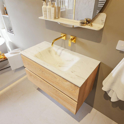 Mondiaz VICA-DLUX Ensemble de meuble de salle de bain - 90cm - meuble sous-vasque chêne blanchi - 2 tiroirs - lavabo encastré nuage milieu - sans trous de robinet - version haute de 60cm - opalo