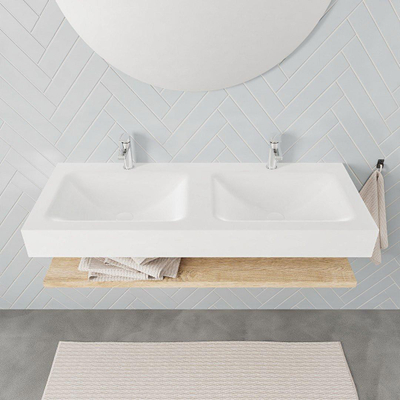 MONDIAZ ALAN 120cm - Ensemble de meuble de salle de bains - étagère - chêne blanchi - lavabo suspendu - 2 vasques - 2 trous de robinet - talc
