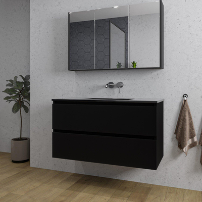 Saniclass Chaci Ensemble meuble de salle de bains - 100x46x55cm - vasque en céramique noire - 1 lavabo - sans trous de robinet - 2 tiroirs - armoire de toilette - noir mat