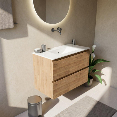 Saniclass Holz Pure Ensemble meuble de salle de bains - 80x45x62cm - Vasque Vygo en céramique blanche - 1 vasque - sans trou de robinet - 2 tiroirs - chêne natural mat (bois)