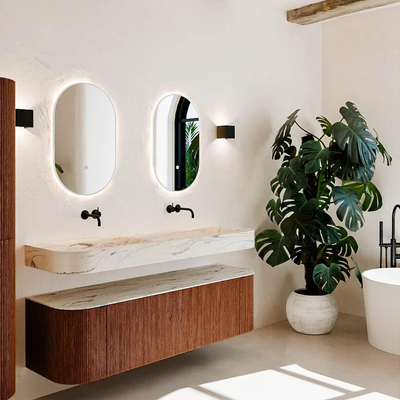 MONDIAZ THOR-DLUX 160cm meuble de salle de bains arrondi gauche + droite couleur Ruby avec 1 tiroir et 2 portes. Vasque suspendue CLOUD Double sans trou de robinet couleur Nata.