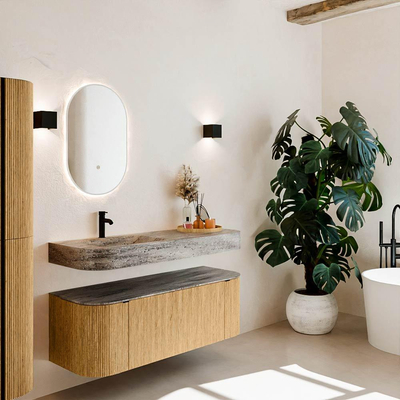 MONDIAZ THOR-DLUX 130cm meuble de salle de bains arrondi gauche + droite couleur Oak avec 1 tiroir et 2 portes. Vasque suspendue CLOUD gauche 1 trou de robinet couleur Oza.