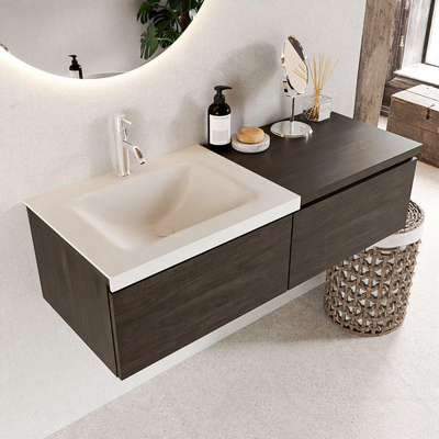 MONDIAZ BUKLA 120cm badmeubel met module 60 kleur Dark Brown met 2 lades. Wastafel CLOUD links 1 kraangat kleur Talc.