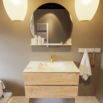 MONDIAZ VICA-DLUX Ensemble meuble de salle de bains - 90cm - sous-meuble chêne blanchi - 2 tiroirs - lavabo encastré cloud au milieu - 1 trou de robinet - version haute 60cm - frape