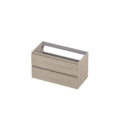 INK Wastafelonderkast - 90x45x52cm - 2 lades - greeploos - met houten keerlijst - MFC - Ivoor eiken