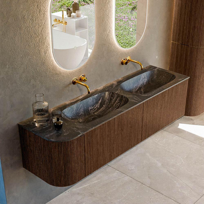 MONDIAZ KURVE-DLUX 165cm badmeubel met module 25 L kleur Walnut met 2 lades en 1 deur. Wastafel STOR SMALL dubbel / rechts zonder kraangat kleur Lava.